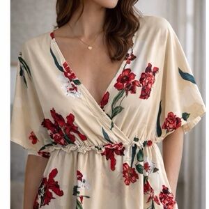 Ladies new floral short sleeve pull over v neck tunic blouse